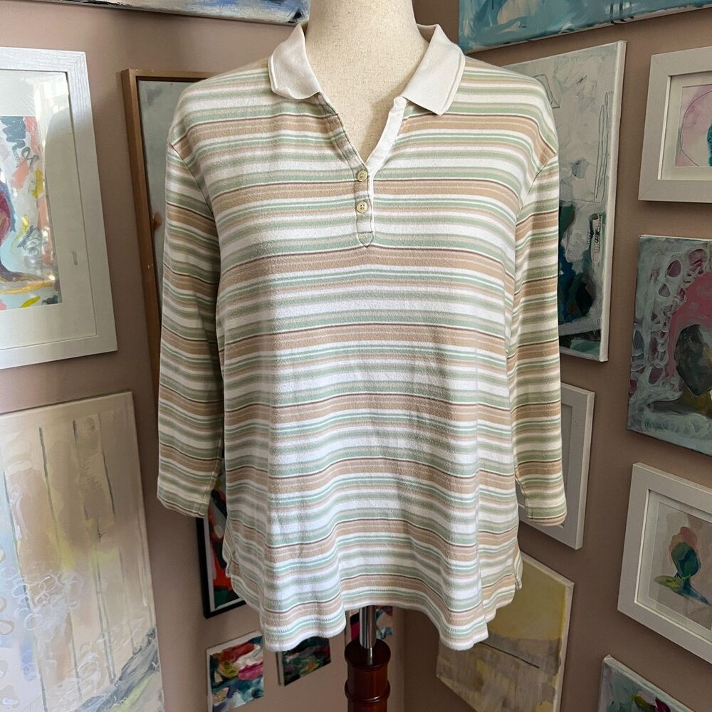 Classic Elements Woman Striped Polo Shirt Long Sleeve Cotton Neutral Size 16/18W